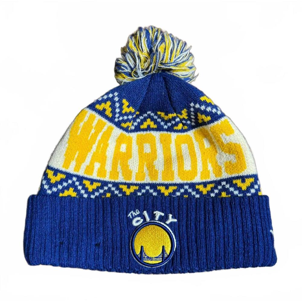 New Era NBA Golden State Warriors The City Knit Pom Hat Blue Yellow EUC Curry